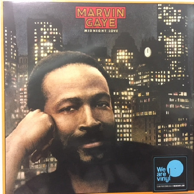 Vinyl LP van Marvin Gaye’s Midnight Love met albumhoes en zwart-wit artwork, zichtbaar op de afbeelding.
