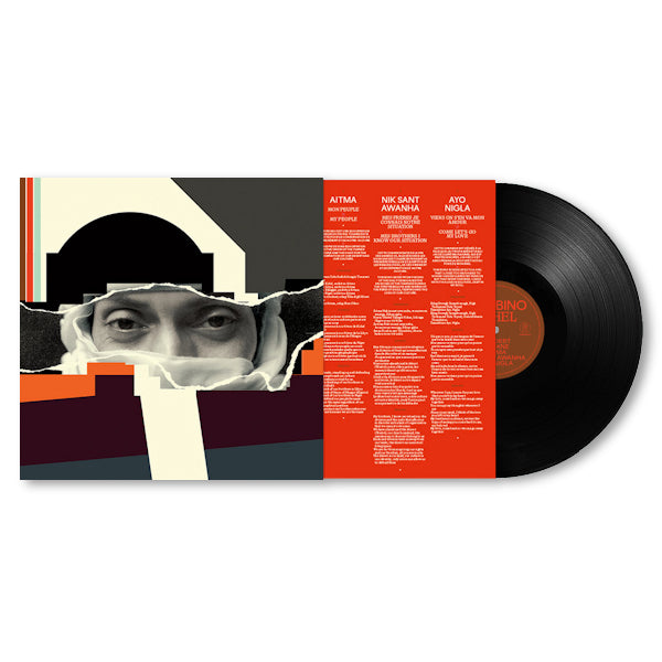 Vinyl LP van Bombino met de albumhoes voor Sahel, zwart gekleurd, met artistiek ontwerp en titel op de voorkant.