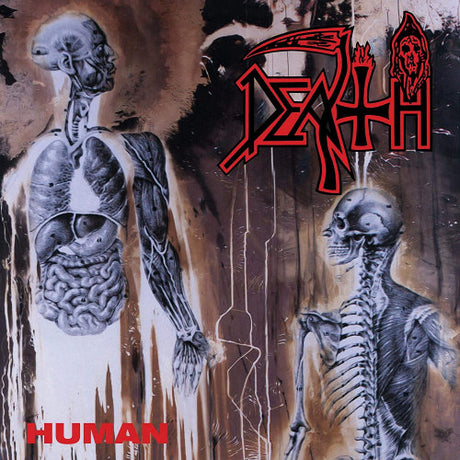 Vinylplaat van het album Human door Death, zwart LP met kleurrijk artwork op de achterkant.