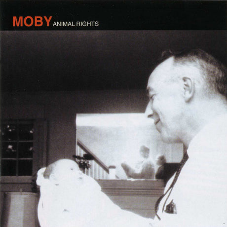Moby Animal Rights LP album cover met abstract artwork en titeltekst in zwart en wit.