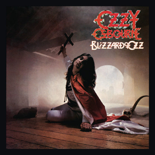 LP van Ozzy Osbourne met albumhoes van Blizzard of Ozz, zwart vinyl en kleurrijke cover met Ozzy's naam en artwork.