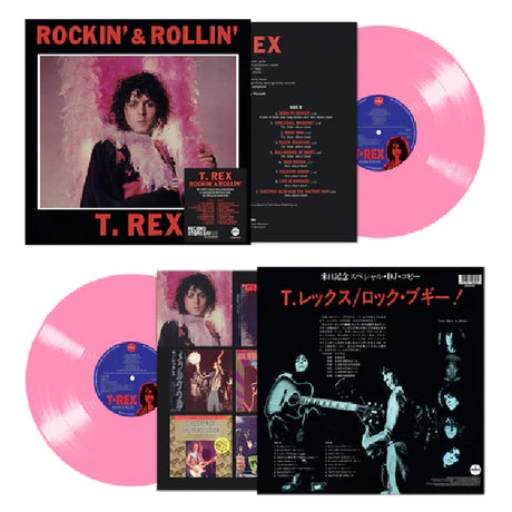 Vinyl LP van T. Rex met het album Rockin' & Rollin', zwart platendraaier met albumhoes en label zichtbaar.