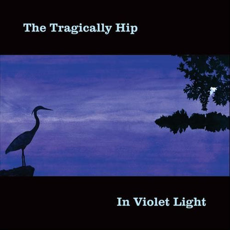 CD van Tragically Hip getiteld In Violet Light, zwart ontwerp met kleurrijk artwork, ligt op een houten oppervlakte.