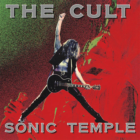 Vinylplaat van The Cult Sonic Temple 30e verjaardag, zwart LP met albumkunst en kleurrijke label in het midden.