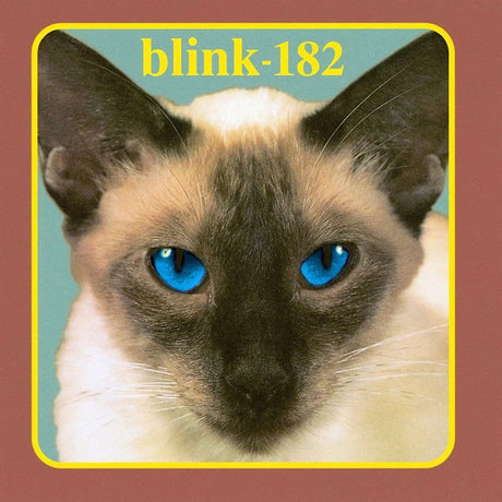 Blink-182 cd met albumtitel Cheshire Cat, kleurrijk albumhoes met kat, gelegen op een witte achtergrond